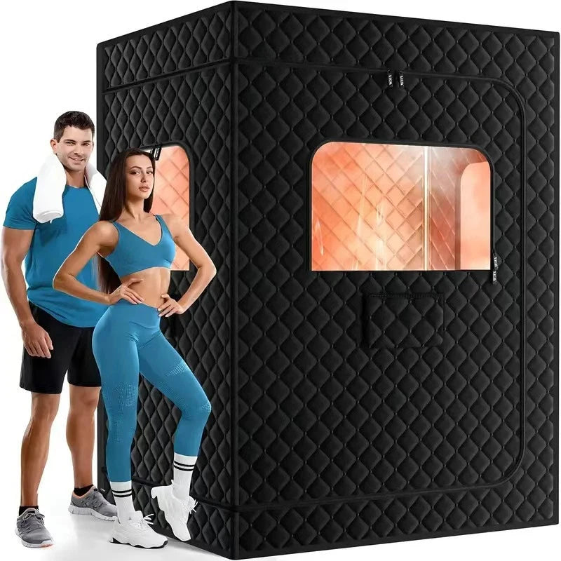 PhaseHeat Duo Twin-Steam portable two-person sauna tent with two folding chairs